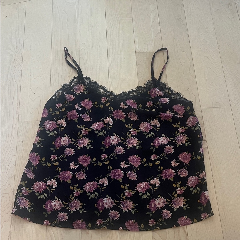 Forever 21 Black and Pink/Purple Floral Lace Trim Tank Top